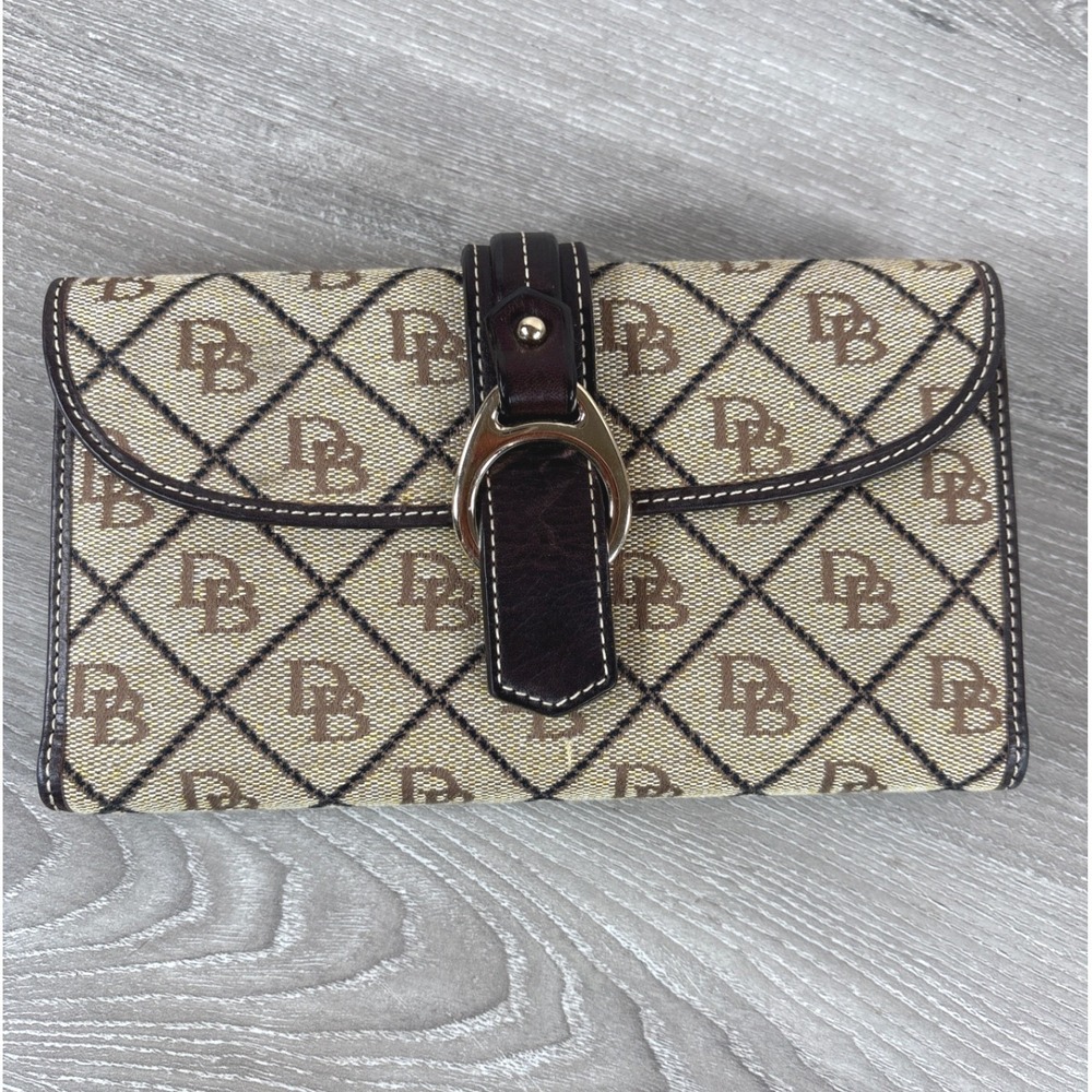 Vintage Dooney & Bourke Signature Monogram Checkbook Wallet Brown Leather d